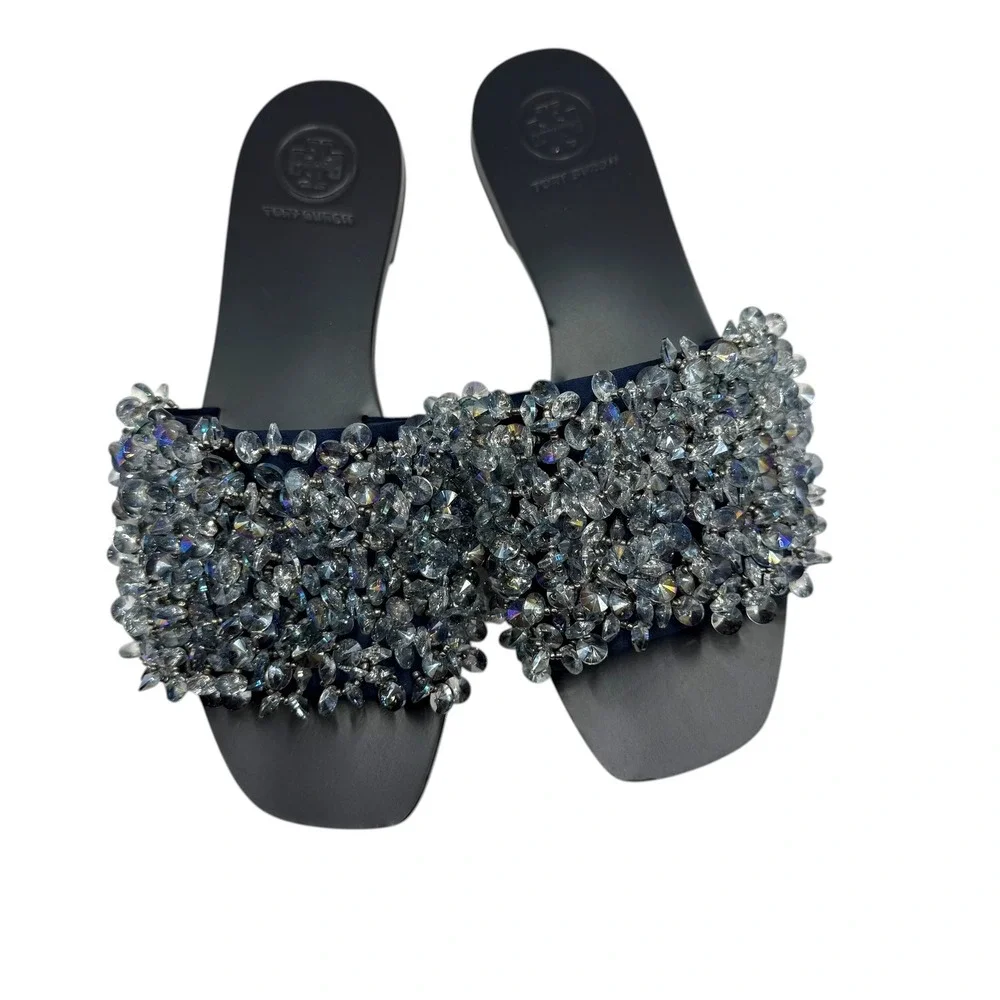 NEW Tory Burch Crystal Embellished Crystal Slide Sandals Navy Black Leather 6M